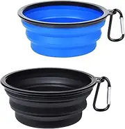 PetBonus 2-Pack Silicone Collapsible Dog Bowl, BPA Free Dishwasher Safe, Portable Foldable Travel Bowl, Food Water Feeding Dish for Dogs Cats with 2 Carabiners, Small, Blue + Black