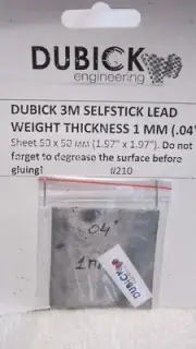 DUBICK 3M SELFSTICK LEAD WEIGHT 1 MM THICK .04 SHEET 50X50 MM #210