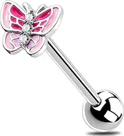 [Melighting] Butterfly Tongue Ring 14G Pink Tongue Piercing Jewelry Internally Threaded Tongue Jewelry Stainless Steel Tongue Bars For Women Body Piercing Jewelry, Stainless Steel, steel, USMTB014-IN