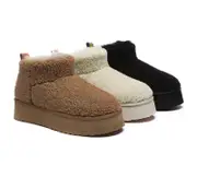 EVERAU® UGG Boots Sheepskin Wool Plush Ankle Ultra Platform Teddycozy - Black / AU Ladies 7 / AU Men 5 / EU 38