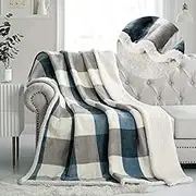 PU MEI Sherpa Fleece Throw Blanket Reversible Plush Fluffy Lattice Flannel Blankets for Sofa Couch Bed, 60" x 80", Grey-Blue