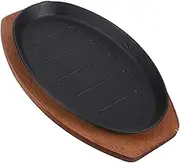 WATIIFUFU 1Set Iron Steak Plate with Wooden Tray Non Stick Grill for Home and Restaurant Cooking Cast Iron Cookware for BBQ Fish and Meat