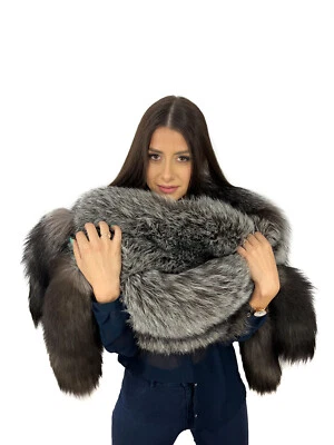 Double Sided Silver Fox Fur Stole 63' (160cm) + 4 Real Fox Fur Tails Saga Furs