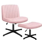 ALFORDSON Ergonomic Armless Criss-Cross Desk Chair with Ottoman Stool, Channel-Tufted Mid-Back Design, Adjustable Height & Tilt, Swivel, 180kg Max, Xavi Velvet Pink Office Chair