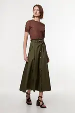 Cotton Sateen Belt Detail Midi Skirt