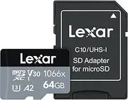 Lexar 64GB Professional 1066x Micro SD Card w/SD Adapter, UHS-I, U3, V30, A2, Full HD, 4K, Up to 160/70 MB/s, for Action Cameras, Drones, Smartphones, Tablets, Nintendo-Switch (LMS1066064G-BNANU)