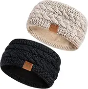 Hatromm Winter Headbands for Women Wool 2 Pack, Ear Warmers for Women Headband Knit Thick Fleece Lined, Cold Weather Warm Ear Muffs, Black+Beige