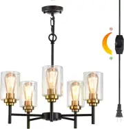 DIMMABLE Pre-Wired Plug in Chandelier with Clear Glass Shade Cord, 5 Light Moder