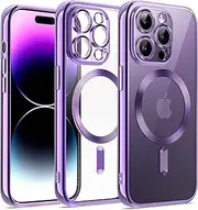 Compatible for Magsafe Devices Plating Case with Magnetic Wireless Charging Full Camera Protection Scratch Resistant Back Grippy Protective Frame Clear Shockproof Cover (iPhone 12 pro, Purple)