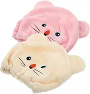 HAPINARY Fleece Hair Dry Towel Hair Towel Cap Set for Women Soft Absorbent Hair Wrap Unisex Cartoon Design Pink Beige