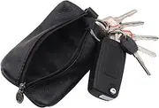 [Generic] Unisex Genuine Leather Key Case Wallet Pouch Bag with Key Ring & Zipper, Compact Key Holder Leather Wallet for Men & Women, Black, One Size