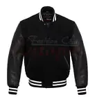 Top Varsity baseball College Black Wool Jacket with Real Leather Sleeves XS-4XL