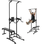 Power Tower with Bench, 10-Level Height Adjustable Pull Up Bar Stand Dip Station & Detachable Bench, Multi-Function Home Gym Strength Training Fitness Equipment with Backrest, Elbow Pads,
