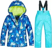 [Abcoll] Kids Boys/Girls 2-Pieces Ski Suit Snowboard Suit Skiing Outfit Waterproof Snowsuit Ski Jacket Hooded & Snow Bib Pants/Trousers, Cotton Fiber Lining (Color : I, Size : 11-12 Years)