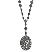 Fashion 1928 Black-Plated White Crystal & Glass Beaded Oval W/3In. Ext. Necklace