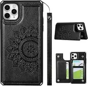 Cavor for iPhone 11 Pro Max Case Flower PU Leather Wallet Flip Magnetic Clasp Protective Back Cover Kickstand with Lanyard Card Slots Holder Shockproof Case-Horizontal Mandala Black