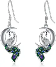 Peacock Earrings 925 Sterling Silver Crescent Half Moon Drop Dangling Gift Women