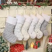 White Christmas Stockings Set of 6 - Lage Elegant Xmas Stockings with Silver Christmas Tree Snowflake Sequin Designs, Fluffy Grey and White Christmas Stockings for Holiday Party Decorations 20 Inch