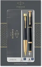 Parker Urban Duo Gift Set with Ballpoint Pen & Fountain Pen, Muted Black with Gold Trim, Blue Ink Refill & Cartridge, Gift Box