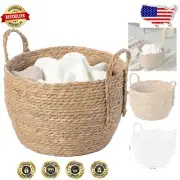 Decorative Round Wicker Basket for Blankets and Towels - Braided Handle Design