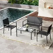 Advwin Patio Furniture Set 4 Pieces, Garden Conversation Sets with 2-Seater Bench, Outdoor Lounge Set Garden Bistro Set with Tempered Glass Table, Dining Sets for Lawn, Balcony, Backyard