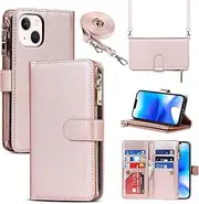 Cavor for iPhone 14 Plus Case 6.7 inch PU Leather Folio Flip Wallet Back Cover Magnetic Case with Long Shoulder Lanyard Zipper Coin Purse 9 Card Holder Kickstand Wristlet Strap-Rose