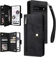 YocoverTech for Google Pixel 6 5G Case,for Google Pixel 6 5G Wallet Case[6 Card Slots and 1 Zipper Coin Pocket] PU Leather Stand Flip Cover with Wrist Strap[6.4 inch]-Black