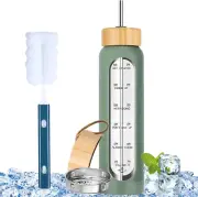 1000 Ml Shatterproof Glass Sports Water Bottle with Bamboo Lid, Time Markings, D