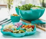 Tupperware Chip N Dip Salad Serving Bowl & 2 Dip Bowls - Aqua Teal Flower Shape