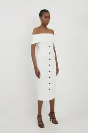 Clean Tailored Bardot Button Through Midi Dress