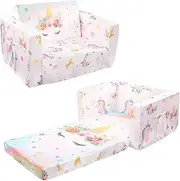 Pea Pod Kids Couch, Toddler Sofa and Chairs for Playroom or Comfy Lounging, 2 in 1 Fold Out Toddler Reading Couch, Ultra-Soft Convertible Sofa to Bed for Boys and Girls (Unicorn)