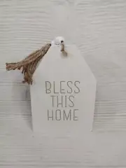 New! "Bless This Home" Wood Sign Beads Farmhouse Table Decor Tier Tray