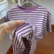 港味紫色條紋短袖t恤女夏季2023年新款經典基礎棉質寬松大碼上衣