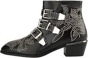 [Arqa] Ankle Boots Womens Genunie Leather Rivet Studded Buckle Strap Designer Boot Low Chunky Heel Booties