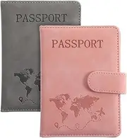 [AOZUO] 2 Pack Passport Holder for Travel, Passport Wallet Cover Case Waterproof RFID Blocking Passport Holder with Pen Holder Travel Must Haves Accessories, Passport Book Holders for Women and Men,