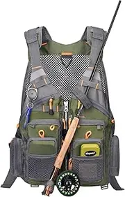 [Gonex] Fly Fishing Vest for Men and Women, Comfortable Adjustable Fishing Vest with Multi-Pockets Reflective Stripes for Gears in Fly Fishing, Fishpond Trout Fishing, Kayak Fishing, Green+Grey