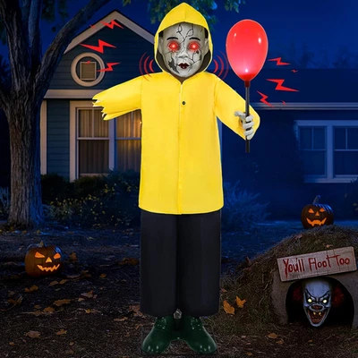 Halloween Life Size Scary Boy Animatronic Prop Glowing Red Balloon Sound Sensor