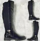 LADIES LOW HEEL PATENT CROC WOMENS FLAT ZIP OVER THE KNEE HIGH BUCKLE BOOTS SIZE