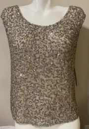 Alice And Olivia Light Gray Silk Sequined Embroidered Top Open Back Dress Shirt