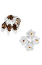 SHANA CAVE Flower & Leaf Cluster Mismatched Stud Earrings in Silver Smoky Quartz Citrine at Nordstrom One Size