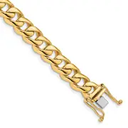 Solid 14K Yellow Gold 9 inch 8.4mm Hand Polished Rounded Curb Link with Box Catch Clasp Bracelet