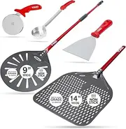 TKC Perforated Pizza Peel Bundle with 14 Inch XL Peel and 9 inch Pizza Turning Peel Ultimate Set with Dough Cutter, Pizza Cutter Wheel and Sauce Ladle - Commercial Grade Pizza Spatula