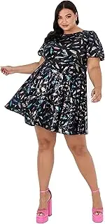 [Lovedrobe] Women's Ladies Plus Size Mini Dress Sequins Back Keyhole with Crew Neck Puffed Short Sleeve Curve High Waist Black Cocktail