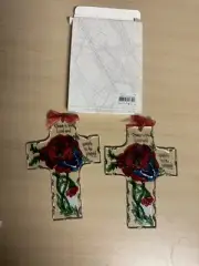 New ~Joan Baker Glass Suncatcher Cross “Poppy Garden/Great” 2 Pack Psalm 48:1