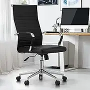 Oikiture Home Office Chair with PU Leather Cover and Chrome Steel Executive Swivel Computer Desk Chair Black