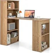 Giantex Reversible Computer Desk with Bookshelf, Writing Study Workstation w/Storage Shelves & CPU Stand, Modern Computer Table w/Large Desktop for Home & Office, Space-Saving Design (Natural)