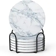 ATDORO Set of 6 Coasters for Drinks, Marble-Style Absorbent Coasters with Holder, Housewarming Home Decor, Suitable for Kinds of Cups (Blue)