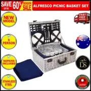 Alfresco 6 Person Picnic Basket Set Cooler Bag Wicker PU Fastening Straps Plates