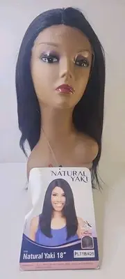 Natural Yaki 18" Lace L- Parting Front Wig, black 1 Higheat 400°F.