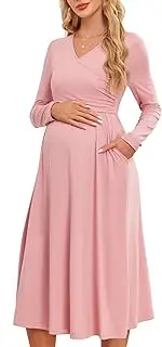AISWI Women's 2024 Fall Patchwork Maternity Nursing Dress with Pockets Long Sleeve V Neck Clothes Midi Pregnancy Dresses